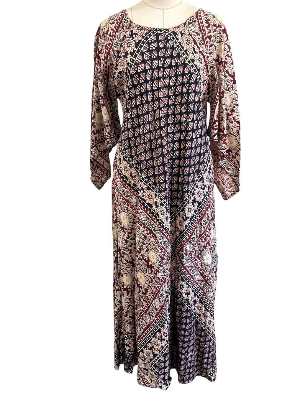 70’s India cotton angel wing bohemian midi dress red,black,tan medium